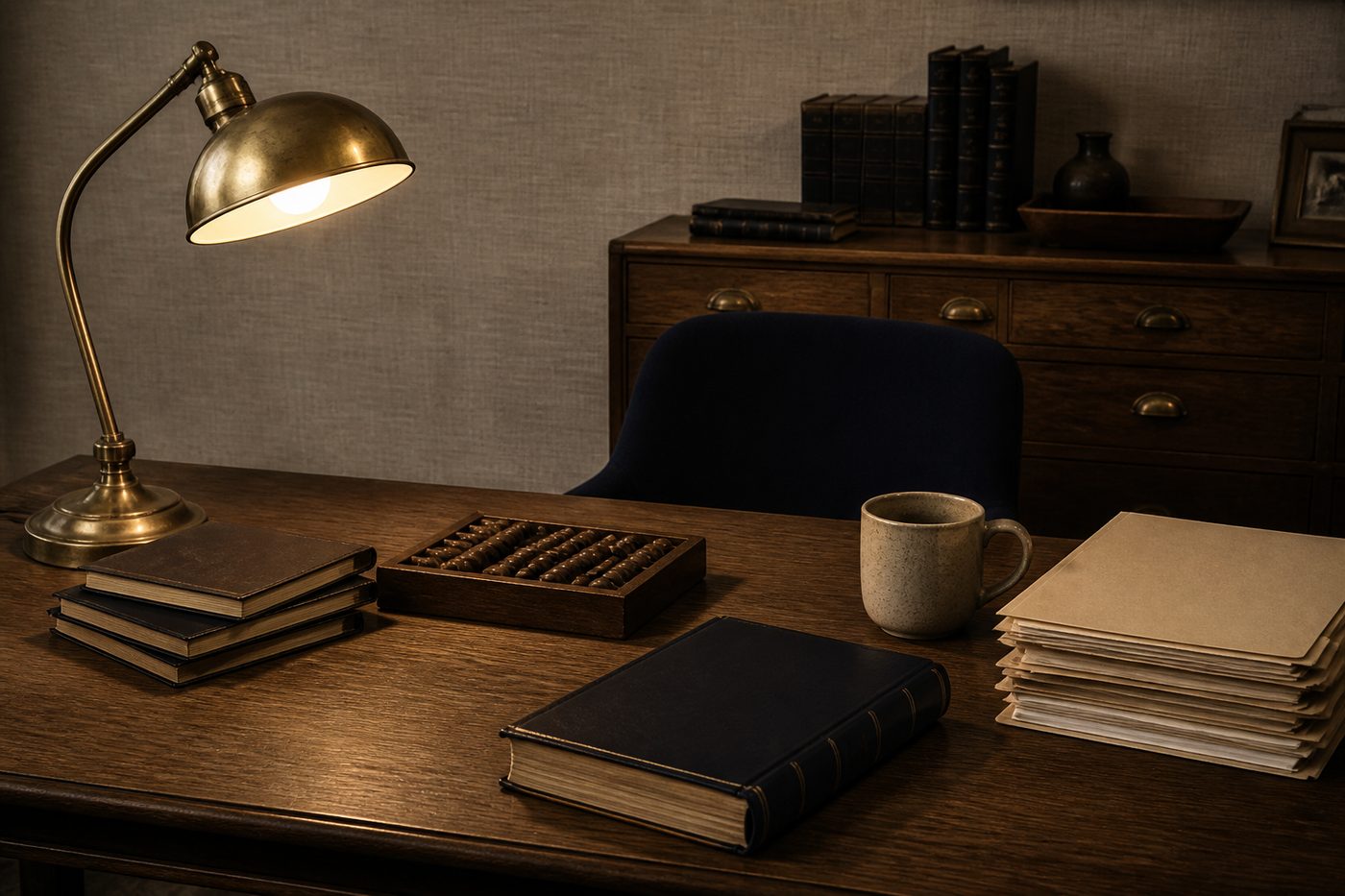 An accounting desk with a brass lamp, closed ledgers, and stacked folders.