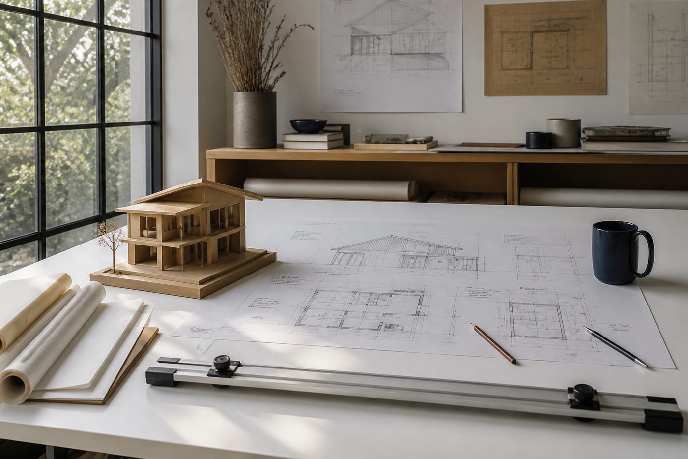 A drafting table with house drawings and a small wooden building model.