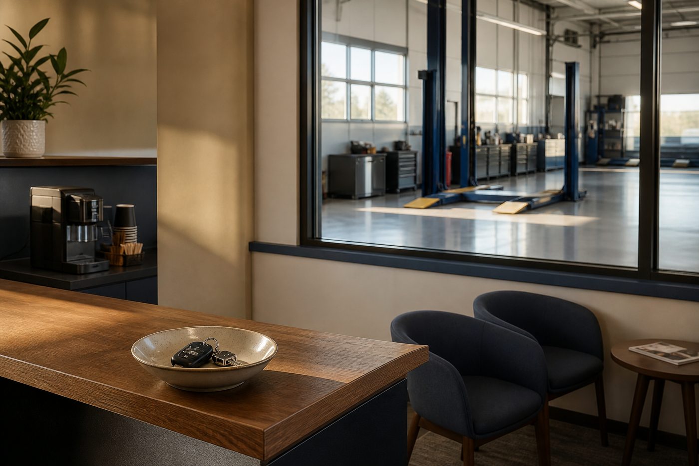 A service-counter with car keys in a dish and a view into a tidy bay.
