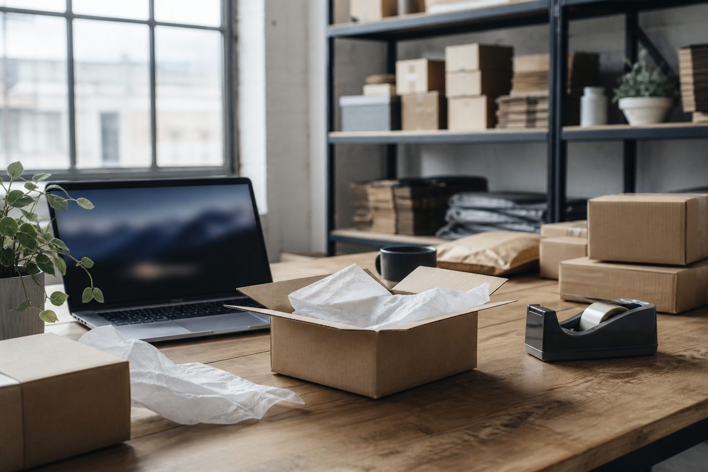 A packing table with plain shipping boxes, tissue paper, and a laptop.