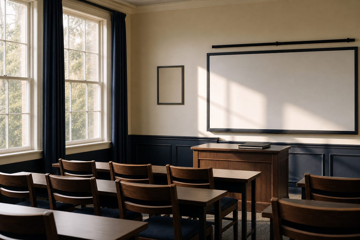 An empty training classroom with wooden chairs and a blank whiteboard.