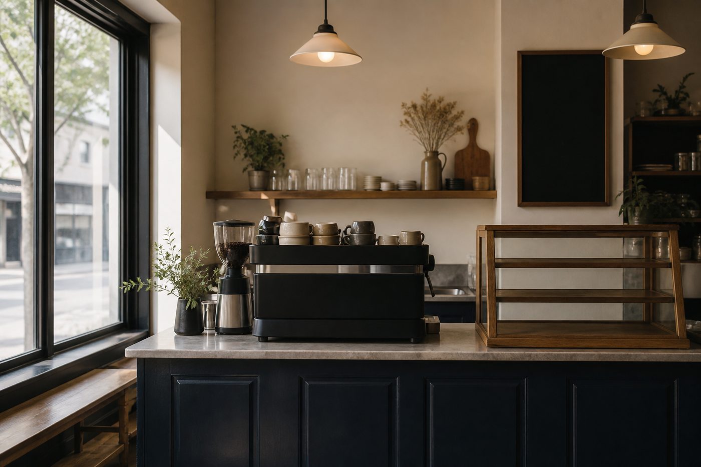 A small cafe counter with an espresso machine and stacked ceramic cups.