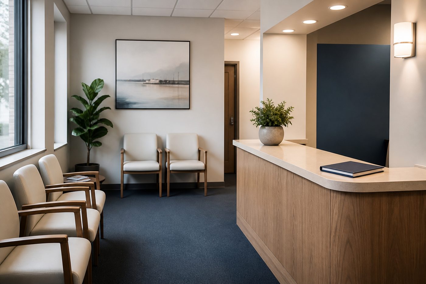 An empty waiting room with a reception counter, plant, and closed appointment book.
