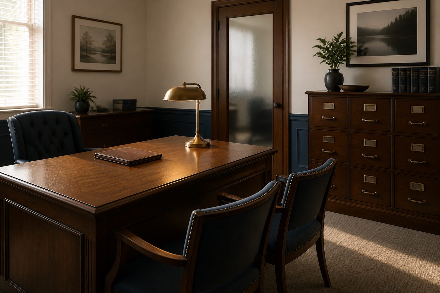 A quiet agency office with a wooden desk, brass lamp, and visitor chairs.