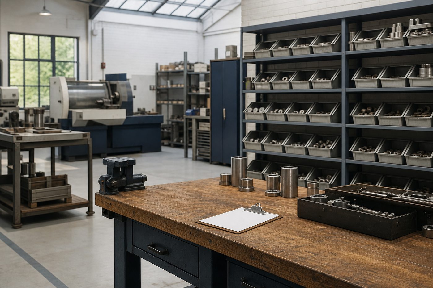 A light-industrial workbench with organized parts bins and a clipboard.
