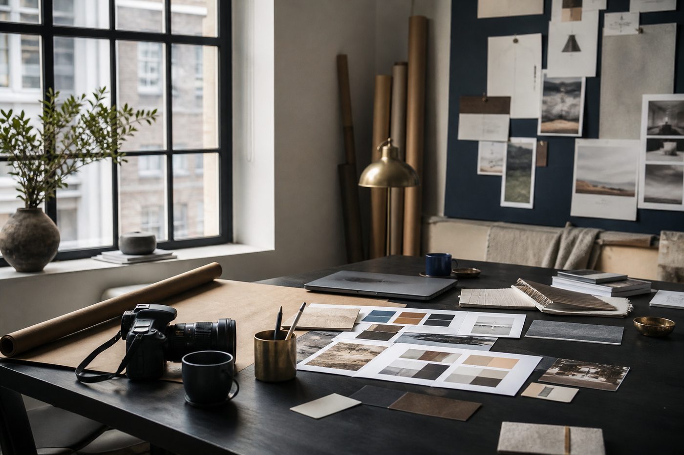 A creative studio table with color swatches, a camera, and kraft paper.
