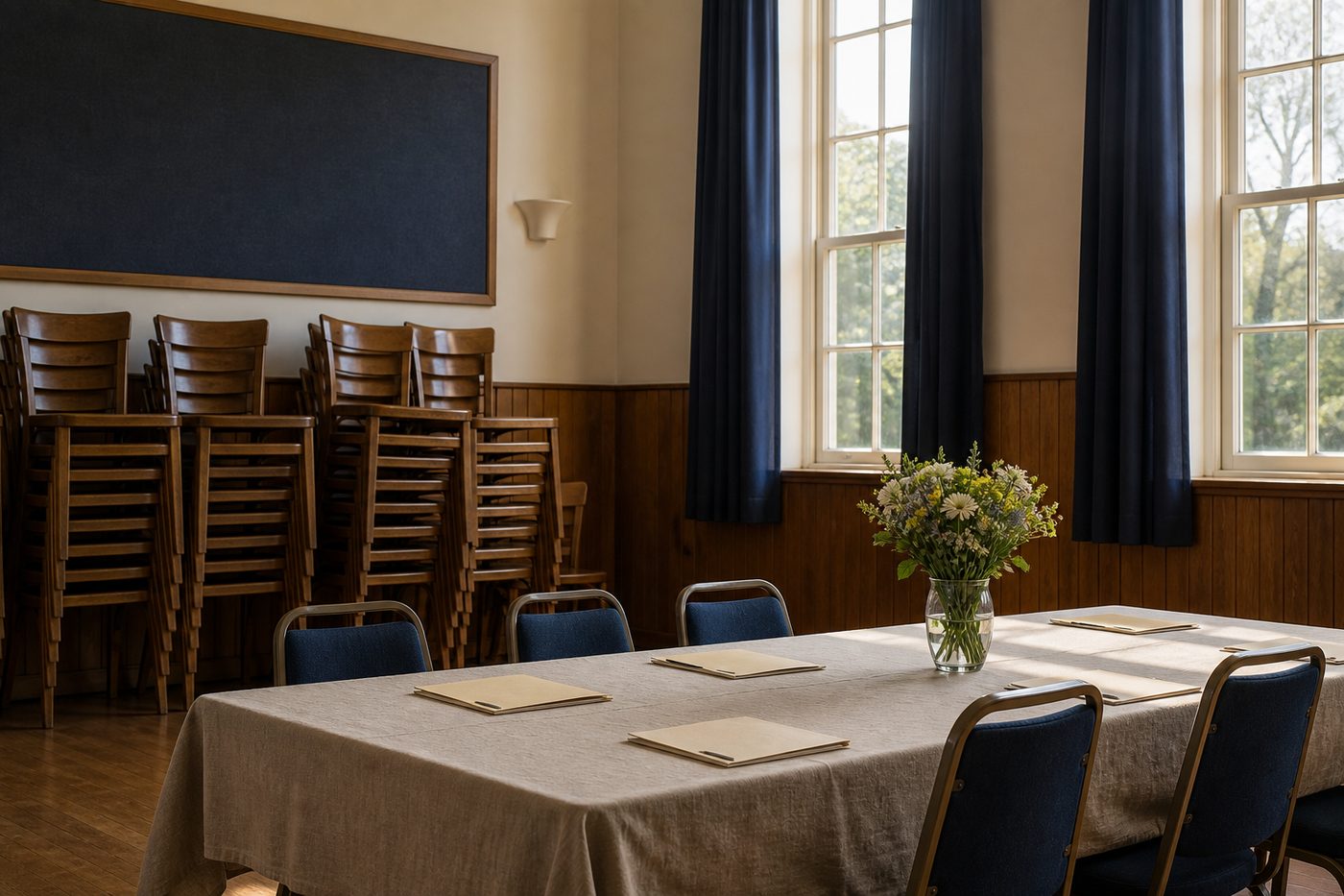 A community hall with stacked chairs and a table of folders.