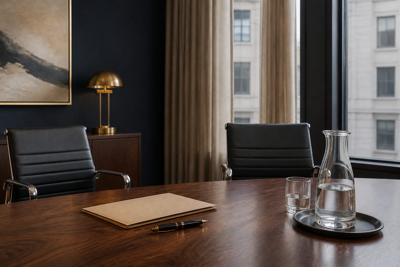 A quiet conference room with a walnut table, leather chairs, and a closed folder.