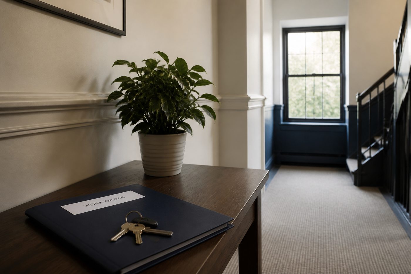 An apartment corridor with a console table, keys, and a closed work-order folder.