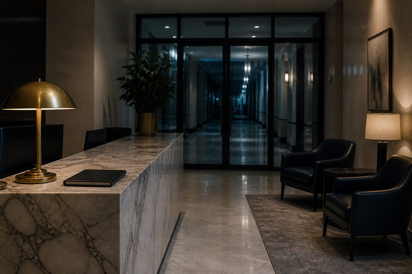 A quiet office lobby with a reception desk, brass lamp, and leather chairs.