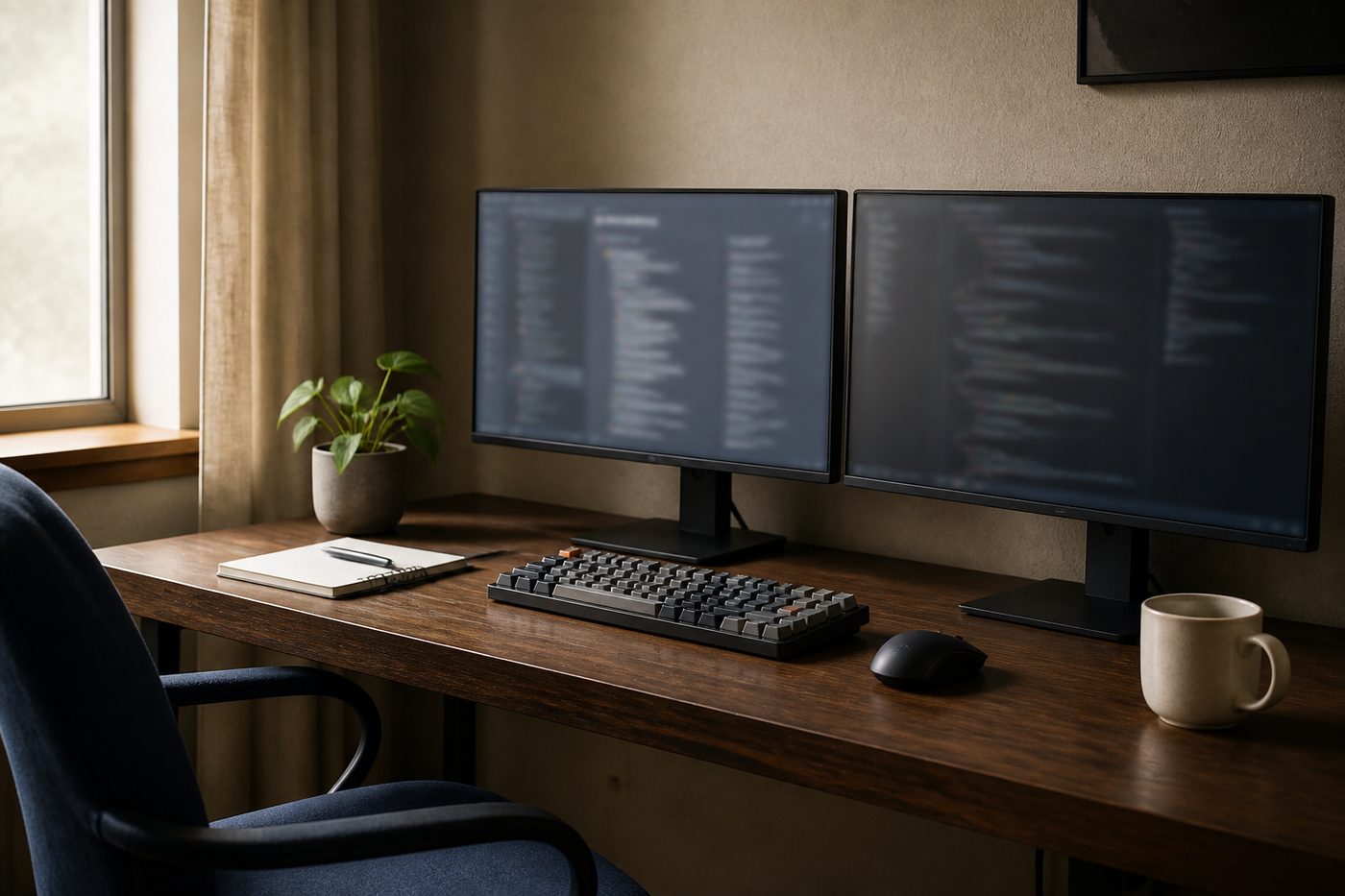 A small software desk with dual monitors, a notebook, and a plant.