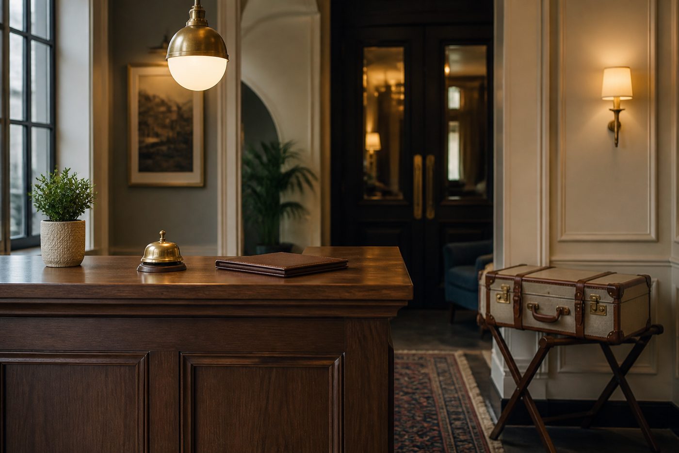 A boutique hotel concierge desk with a brass bell and a vintage suitcase.